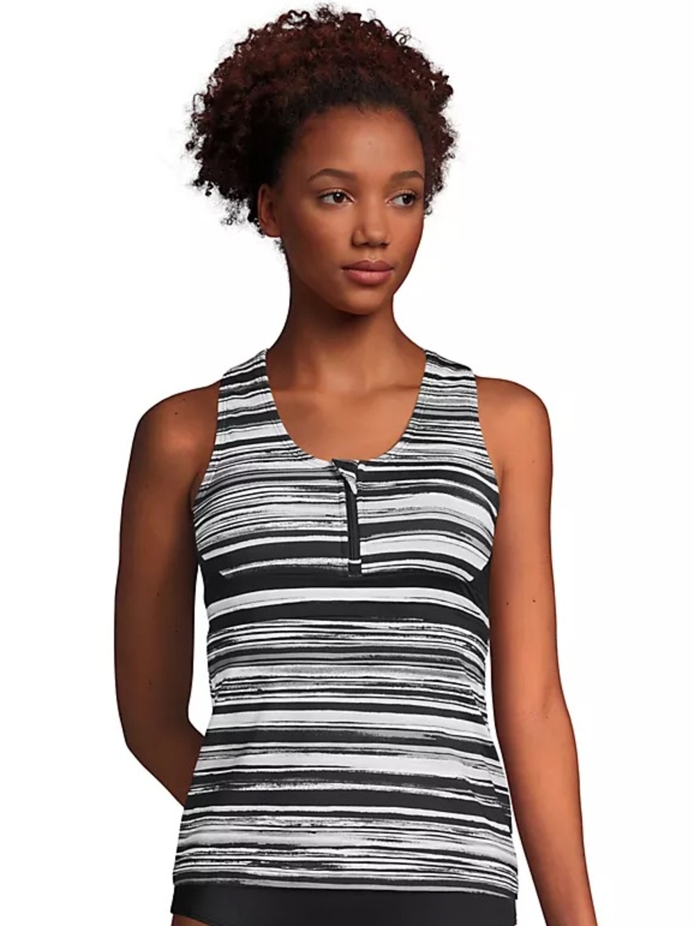 Lands' End Women’s Black & White Striped Front-Zip Racerback Swimsuit Tankini 1X